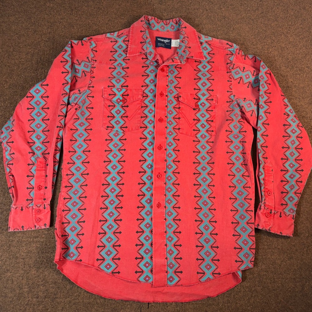 Wrangler Western Shirt Mens 16.5x35 Geometric Aztec Print Red Teal USA Made Rare